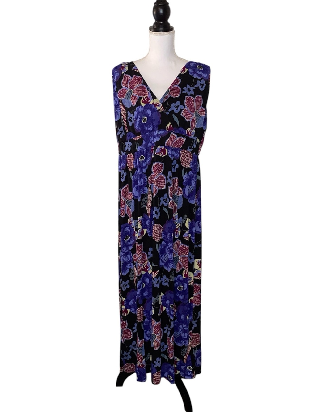 Coldwater Creek Floral Maxi Dress Petite XL 16 Purple Red Black Blue Tropical